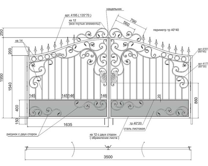 Схема ограды с ковкой